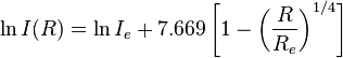 
\ln I(R) = \ln I_{e} + 7.669 \left[ 1 - \left( \frac{R}{R_{e}} \right)^{1/4} \right]
