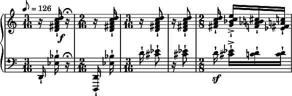  { \new PianoStaff << \new Staff \relative c'' { \set Staff.midiInstrument = #"violin" \clef treble \tempo 8 = 126 \time 3/16 r16 <d c a fis d>\f-| r16\fermata | \time 2/16 r <d c a fis d>-| \time 3/16 r <d c a fis d>8-| | r16 <d c a fis d>8-| | \time 2/8 <d c a fis>16-| <e c bes g>->-|[ <cis b aes f>-| <c a fis ees>-|] } \new Staff \relative c { \set Staff.midiInstrument = #"violin" \clef bass \time 3/16 d,16-| <bes'' ees,>-| r\fermata | \time 2/16 <d,, d,>-| <bes'' ees,>-| | \time 3/16 d16-| <ees cis>8-| | r16 <ees cis>8-| | \time 2/8 d16\sf-| <ees cis>-|->[ <d c>-| <d c>-|] } >> } 