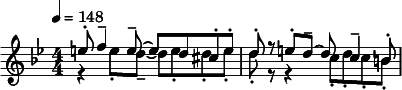  \relative c'' { \clef treble \key g \minor \numericTimeSignature \time 4/4 \tempo 4 = 148 << { e8-. f4-- e8--~ e d cis-. e-. | d-. r e-. d--~ d c4-- b8-. } \\ { r4 e8-. d--~ d e-. d-. e-. | d-. r r4 c8-. d-. c-. b-. } >> } 