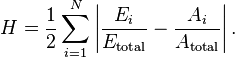 
H = {\frac{1}{2}} \sum_{i=1}^N \left| {\frac{{E}_i}{{E}_\text{total}}} - {\frac{{A}_i}{{A}_\text{total}}} \right|.