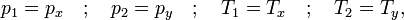 \ p_1 = p_x \quad ; \quad p_2 = p_y \quad ; \quad T_1 = T_x \quad ; \quad T_2 = T_y,