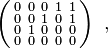 
\left( \begin{smallmatrix} 0\\ 0\\  0 \\ 0 \end{smallmatrix}
\begin{smallmatrix} 0\\ 0\\  1 \\ 0  \end{smallmatrix}
\begin{smallmatrix} 0\\ 1\\ 0  \\ 0 \end{smallmatrix}
\begin{smallmatrix}1 \\ 0 \\ 0  \\ 0 \end{smallmatrix}
 \begin{smallmatrix} 1 \\ 1\\  0 \\ 0 \end{smallmatrix}
\right) \ ,
