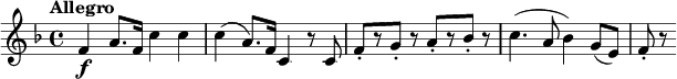 
\relative c' {
  \key f \major
  \tempo "Allegro"
  f4\f a8. f16 c'4 c |
  c4( a8.) f16 c4 r8 c |
  f8-.[ r g-.] r a-.[ r bes-.] r |
  c4.( a8 bes4) g8( e) |
  f8-. r
}
