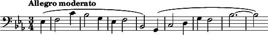  \relative c { \clef bass \time 3/4 \key ees \major \tempo "Allegro moderato" \partial 4*1 ees( f2 c'4 | bes2 g4 | ees f2 | bes,2) g4( | c2 d4 | g f2 | bes2.~ | bes2) } 