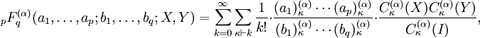 
_pF_q^{(\alpha )}(a_1,\ldots,a_p;
b_1,\ldots,b_q;X,Y) =
\sum_{k=0}^\infty\sum_{\kappa\vdash k}
\frac{1}{k!}\cdot
\frac{(a_1)^{(\alpha )}_\kappa\cdots(a_p)_\kappa^{(\alpha )}}
{(b_1)_\kappa^{(\alpha )}\cdots(b_q)_\kappa^{(\alpha )}} \cdot
\frac{C_\kappa^{(\alpha )}(X)
C_\kappa^{(\alpha )}(Y)
}{C_\kappa^{(\alpha )}(I)},
