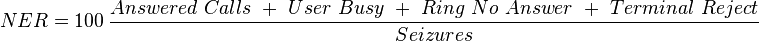 NER = 100  \ \frac {Answered\ Calls \ + \ User\ Busy \ + \ Ring\ No\ Answer \ + \ Terminal\ Reject }{Seizures} 