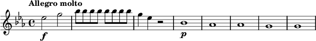 
\relative c'' {
  \key es \major
  \tempo "Allegro molto"
  es2\f g |
  \repeat unfold 8 { bes8 } |
  g4 es r2 |
  bes1\p | as | as | g | g |
}
