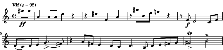 
  \relative c'' { \clef treble \time 2/2 \tempo "Vif" 2 = 92 \partial 4*1 gis'8\ff gis | a,4 a8 a d4 r4 | r4 dis e, a | r8 ais' b, e f!4 r | r8 e,\f d2 c8 e | d( c) d e g4.->( fis8) | r4 a8 fis e4 d8 c | d4. b8 d e fis g | gis2\trill-> b-> }
