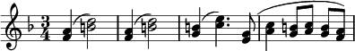 
\version "2.14.2"
\relative c' {
\key f \major
\time 3/4
\set Timing.beamExceptions = #'()
\set Score.tempoHideNote = ##t
\tempo 4 = 160
<f a>4( <b d>2)
<f a>4( <b d>2)
<g b>4( <c e>4.) <e, g>8(
<a c>4 <g b>8 <a c> <g b> <f a>)
}
