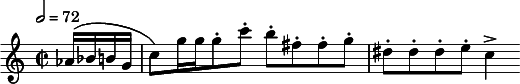 
  \relative c'' { \clef treble \time 2/2 \key c \major \tempo 2 = 72 \partial 4*1 aes16( bes b g | c8) g'16 g g8-. c-. b-. fis-. fis-. g-. | dis-. dis-. dis-. e-. c4-> }
