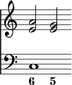 { \override Score.TimeSignature #'stencil = ##f \time 6/4 << { <e' a'>2 <e' g'> } \new Staff { \clef bass { c1 } } \figures { < 6 >2 < 5 > } >> }