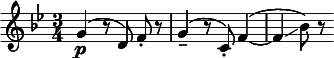  \relative c'' { \clef treble \key bes \major \time 3/4 \autoBeamOff g4\p( r8 d) f-. r | g4--( r8 c,-.) f4(~ | f\glissando bes8) r  } 