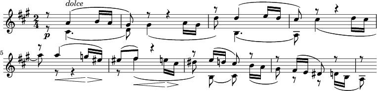 
\relative a' {
 \key a \major \time 2/4
 <<
 {r8\p a4^\markup { \italic dolce }( b16 a | gis8) r8 r4 | r8 d'4( e16 d | cis8) r8 r4 | r8 a'4(\< g16\> eis)\! | eis8( fis) r4 | r8 e16( d cis8) r | r fis,16( e dis8) r | r8 }
 \\
 {r8 cis4.( | d8) gis4( a16 gis | d'8) b,4.( | a8) cis'4( d16 cis | a'8) r r4 | r8 fis4(\< e16\> cis\! | dis8)\noBeam b,( cis)\noBeam b'16( a | gis8) r r d16( b | a8) }
 >>
}
