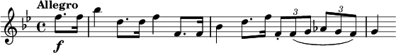 
\relative c'' {
  \key bes \major
  \tempo "Allegro"
  \partial 4 f8.\f f16 bes4 d,8. d16 f4 f,8. f16 bes4 d8. f16 \times 2/3 {f,8-. f (g} \times 2/3 {as g f)} g4
}
