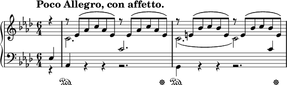 
\header {
  tagline = ##f
}

tempoMark = {
  \once \override Score.RehearsalMark #'self-alignment-X = #-1
  \once \override Score.RehearsalMark #'break-align-symbols = #'(time-signature key-signature)
  \once \override Staff.TimeSignature #'break-align-anchor-alignment = #-1
  \mark \markup \bold "Poco Allegro, con affetto."
}

global = {
  \tempoMark
  \key as \major
  \time 6/4
  \partial 4
}

\parallelMusic #'(voiceA voiceB voiceC voiceD) {
  % Anacrusis
  r4   |
  s4   |
  ees4 |
  r4   |
  
  % Bar 1
  r8 ees [\( aes c aes ees\)] r ees [\( aes c aes ees\)] |
  c2.                         s                          |
  aes,4      s     s          c'2.                       |
  s4         r     r          r2.                        |
  
  % Bar 2
  r8 e   [\( bes' c bes e,  \)] r e   [\( bes' c bes e,  \)] |
  c2.                       ( c2  )              s4          |
  s2.                         s2                 c4          |
  g4         r     r          r2.                            |
}

right = {
  \global
  <<
    \relative c' \voiceA
    \\
    \relative c' \voiceB
  >>
}

left = {
  \global
  <<
    \relative c \voiceC
    \\
    \relative c \voiceD
    \new Dynamics {
      s4 | \repeat unfold 2 { s4\sustainOn s1 s8 s8\sustainOff | }
    }
  >>
}

\score {
  \new PianoStaff <<
    \new Staff = "right" \with {
      midiInstrument = "acoustic grand"
    } \right
    \new Staff = "left" \with {
      midiInstrument = "acoustic grand"
    } { \clef bass \left }
  >>
  \layout { }
  \midi {
    \context {
      \Score
      tempoWholesPerMinute = #(ly:make-moment 100 4)
    }
  }
}
