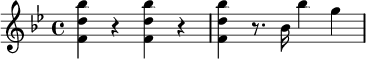 
 \relative c''' {
   \key bes \major
   <bes d, f,>4 r <bes d, f,> r | <bes d, f,> r8. bes,16 bes'4 g
}
