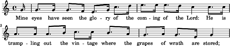 \relative c'' { \partial 16 g16 g8. g16 g8. f16 e8. g16 c8. d16 e8. e16 e8. d16 c4 c8. c16 a8. a16 a8. b16 c8. c16 b8. a16 \partial 2. g8. a16 g8. e16 g4} \addlyrics {Mine eyes have seen the glo -- ry of the com -- ing of the Lord: He is tramp -- ling out the vin -- tage where the grapes of wrath are stored; } 