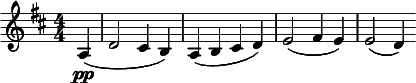  \relative c' { \clef treble \numericTimeSignature \time 4/4 \key d \major \partial 4*1 a4\pp( | d2 cis4 b) | a( b cis d) | e2( fis4 e) | e2( d4) } 