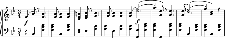 
 \relative c' {
  \new PianoStaff <<
   \new Staff { \key g \minor \time 3/4 
    <<
   {
      f4( bes8) r <f bes>4. <f bes>8 <f bes>4 <f bes> <d f b> <ees g c>8 r <g c>4. <g c>8 <g c>4 <g c> <g c>( g'2)(\( a4) <a, ees'>8\) r <a ees'>4. <a ees'>8( f'2)(\( g4) <bes, d>\) r
   }
    \\
   {
     s4 s8 s s4. s8 s4 s s s8 s s4. s8 s4 s s ees2.\f s8 s s4. s8 d2.
   }
    >>
   }
   \new Dynamics {
    s\f
      }
   \new Staff { \key g \minor \time 3/4 \clef bass
      r4 bes,, <f' bes d> <f bes d> bes, <f' bes d> <d f> ees <g c> <g c> ees <g c> <g c> <f, f'> <f' c' ees> <f c' ees> f, <f' c' ees> <f c' ees> bes, <f' bes d> <f bes d> bes, <f' bes d>
   }
  >>
 }
