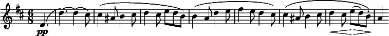 
\relative d' {
 \key d \major \time 6/8
 \partial 4. d4.\pp( |
 d'4.)~ d4( cis8) |
 cis4( ais8 b4 cis8 |
 d4 cis8 e d b) |
 b4( a8 d4 e8 |
 fis4 e8 d4 cis8) |
 cis4\( ais8 b4 cis8 |
 d4\< cis8 e(\> d) b-.\) |
 a4\!
}
