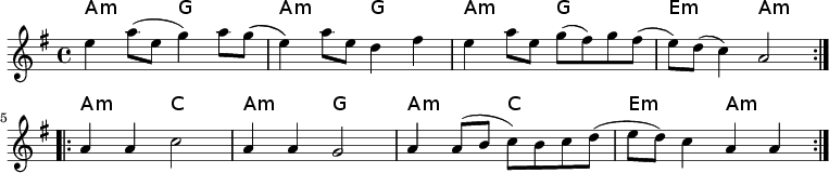 
<<
\new ChordNames \chordmode {
  \set chordChanges = ##t
  a2:m g   |%1
  a2:m g   |%2
  a2:m g   |%3
  e2:m a:m |%4

  a2:m c   |%5
  a2:m g   |%6
  a2:m c   |%7
  e2:m a:m |%8
}
\new Staff \relative c''{
\key a \dorian
\time 4/4
\repeat volta 2
  {
  e4 a8( e g4) a8 g(
  e4) a8 e d4 fis
  e4 a8 e g( fis) g fis(
  e8) d( c4) a2
  }
\break
\repeat volta 2
  {
  a4 a c2
  a4 a g2
  a4 a8( b c) b c d(
  e8 d) c4 a a
  }
}
>>
