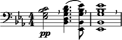  \relative c' { \clef bass \numericTimeSignature \time 4/4 \key ees \major <c bes g ees>2\pp \breathe <d bes g d bes>4.( <ees bes g bes, ees,>8) \breathe | <ees bes g bes, ees,>1 \breathe } 