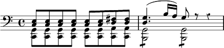 { \override Score.Rest #'style = #'classical \time 4/4 \clef bass \relative c << { <c e>8 <c e> <c e> <c e> <c e> <c e> <d fis> <d fis> | <d g>4.( b'16 a) g8 r r4 | } \\ { <g, c,>8 <g c,> <g c,> <g c,> <g c,> <g c,> <a c,> <a c,> | <g b,>2:8 <g b,>:8 | } >> }