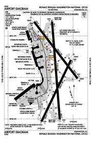 A map with a grid overlay showing the terminals runways and other structures of the airport.