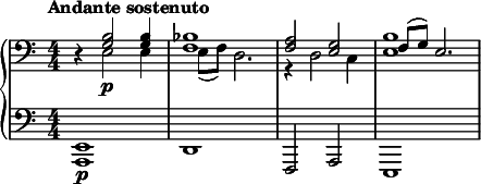  { \new PianoStaff << \new Staff \relative c' { \clef bass \numericTimeSignature \time 4/4 \tempo "Andante sostenuto" r4 << { <b g>2\p <b g>4 | <bes f>1 | <a f>2 <g e> | f8( g) e2. } \\ { e2 e4 | e8( f) d2. | r4 d2 c4 | <b' e,>1 } >> } \new Staff \relative c { \clef bass \numericTimeSignature \time 4/4 <e, a,>1\p | d | f,2 a | e1 } >> } 