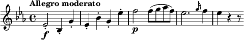 
\relative c' {
  \key es \major
  \tempo "Allegro moderato"
  es2-.\f bes4-. g'-. | es-. bes'-. g-. es'-. | f2\p f8( g as f) | es2. \grace g16 f4 | es r r8
}
