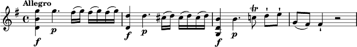 
\relative c''' {
  \key g \major
  \tempo "Allegro"
  <g b, d,>4\f g4.\p fis16(g) fis(g) fis(g) | <d d,>4\f d4.\p cis16(d) cis(d) cis(d) | <b d, g,>4\f b4.\p c!8\trill d-|[ e-|] | g,(fis) fis4-| r2
}
