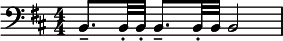  \relative c { \clef bass \key b \minor \numericTimeSignature \time 4/4 b8.-- b32-. b-. b8.-- b32-. b b2 } 