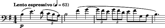  \relative c' { \clef bass \key e \minor \numericTimeSignature \time 4/4 \tempo "Lento espressivo" 4 = 63 b\p( e4.) d8( \times 2/3 { c b a) } | b2 fis'4( g~ | \times 2/3 { g8 fis e } \times 2/3 { g fis d } e fis g, a | b4.) } 