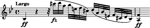 
\relative c' {
  \tempo "Largo"
  \key bes \major
  bes4\ff r r32 cis''\fz [(d a] bes [e, f cis]) d ([a bes e,] f [cis d bes]) | <a f'>4\ff
}
